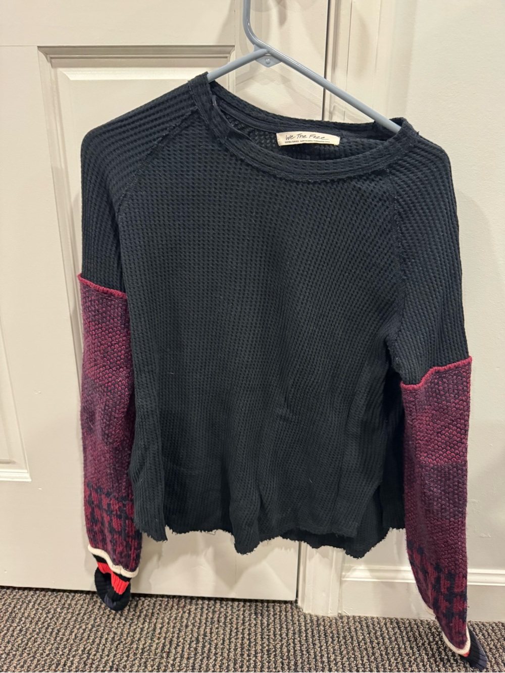 We The Free Black Waffle Pullover with Burgundy Colorblock Sleeves